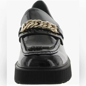 Aqua Black Patent Loafers with Gold Chain Accent